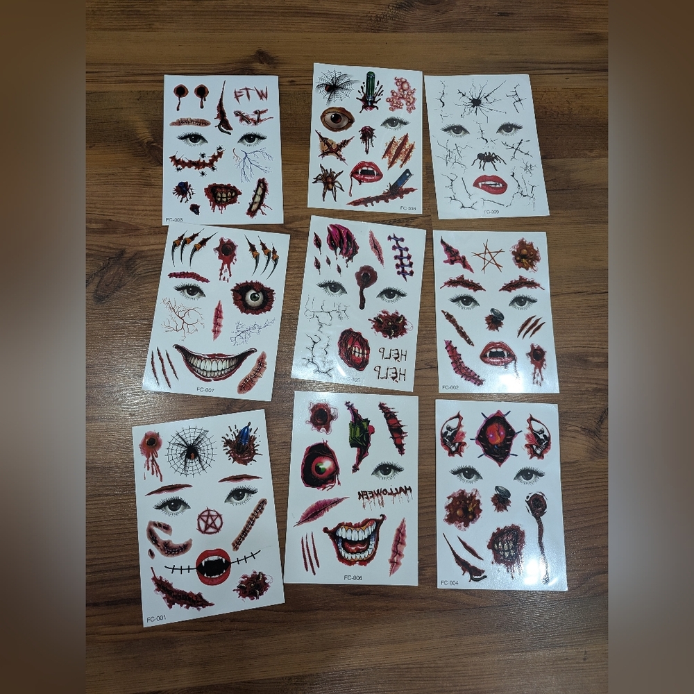 New Set Of 9 Sheets Of Creepy Halloween Face Tattoo Stickers